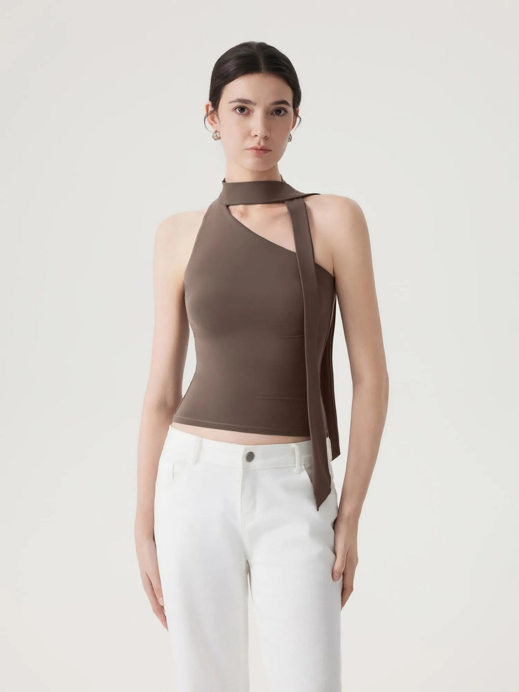 Off Shoulder Halter High Neck Tank Tops with Scarf