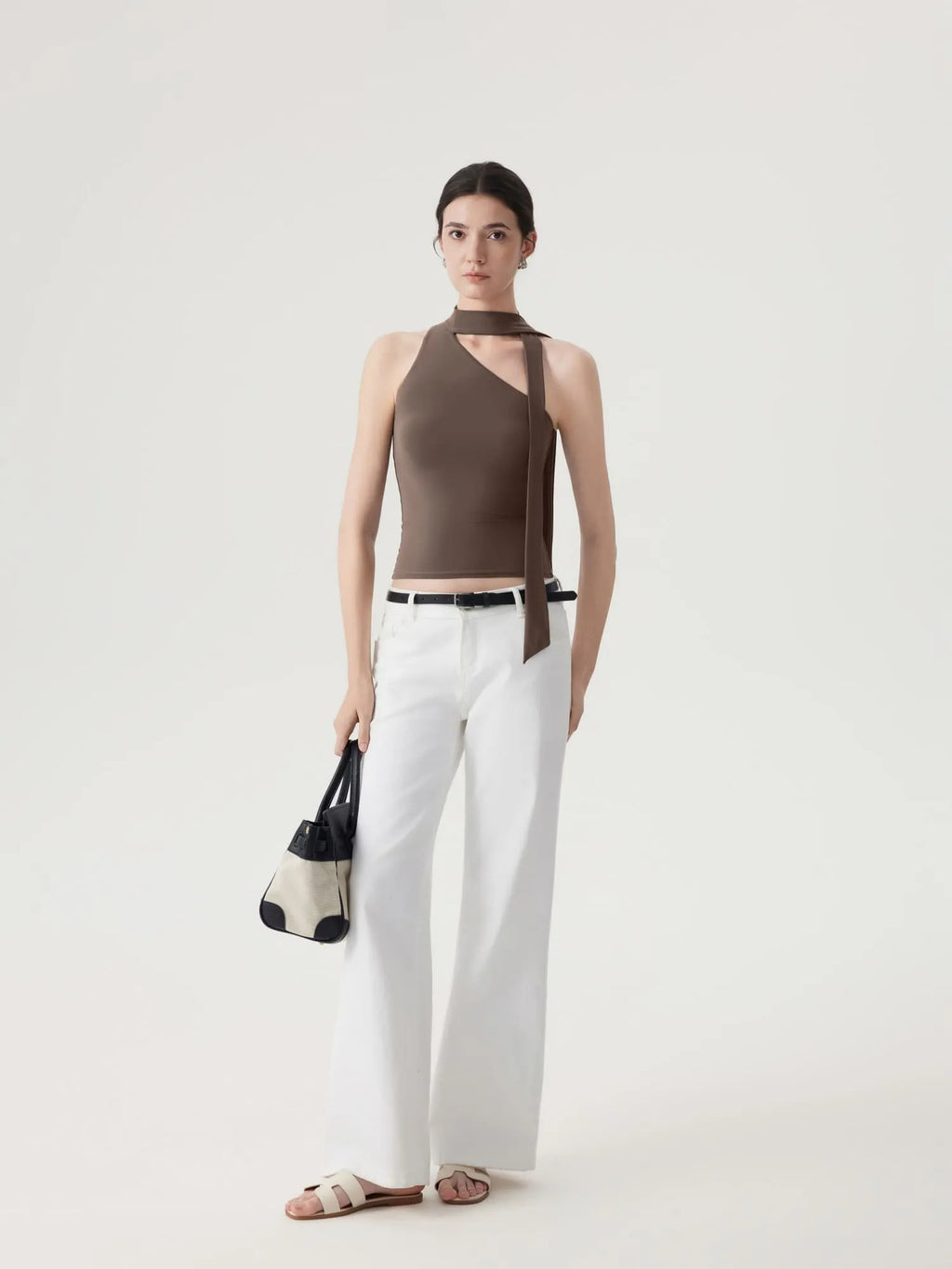 Off Shoulder Halter High Neck Tank Tops with Scarf