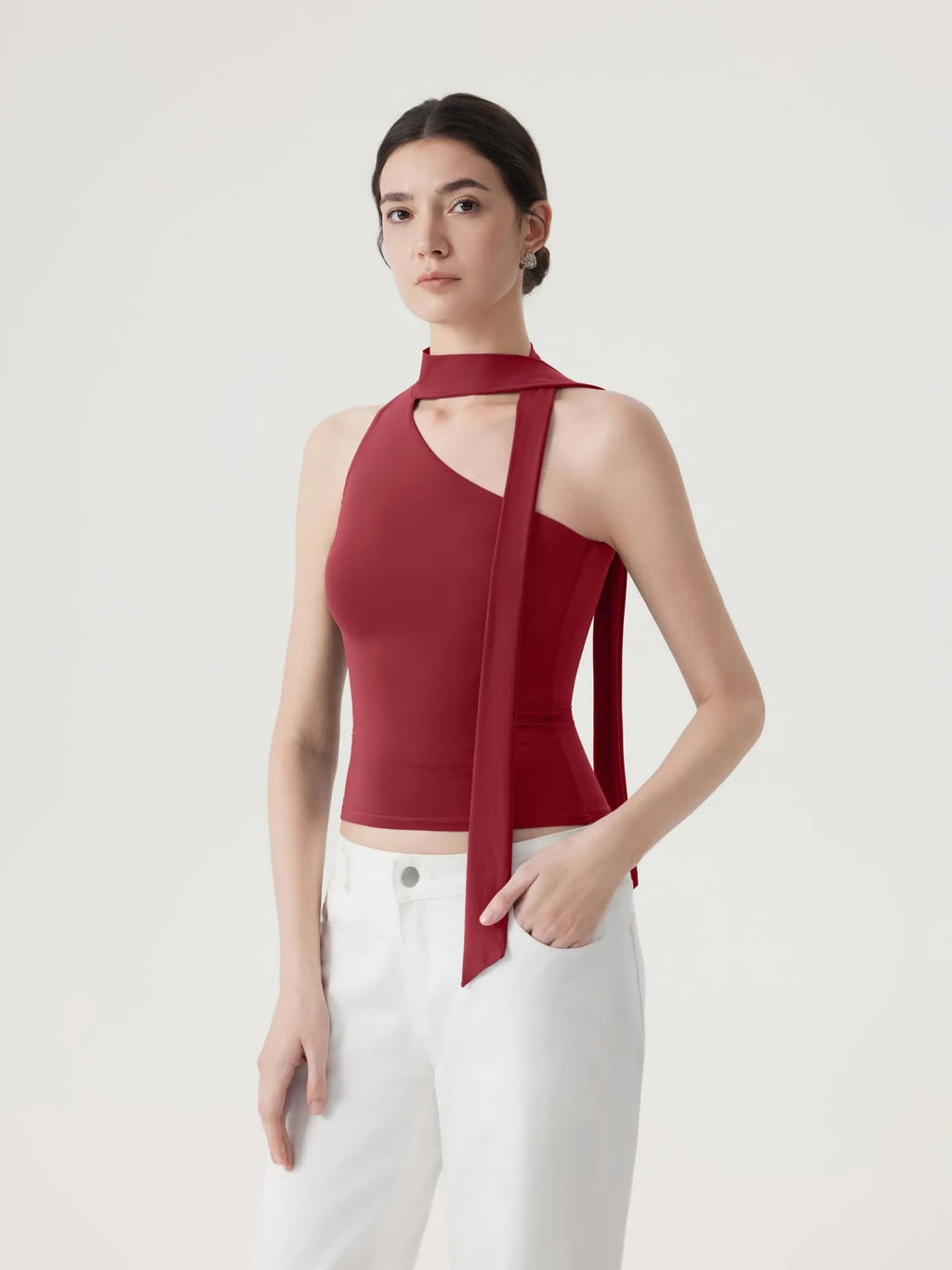 Off Shoulder Halter High Neck Tank Tops with Scarf