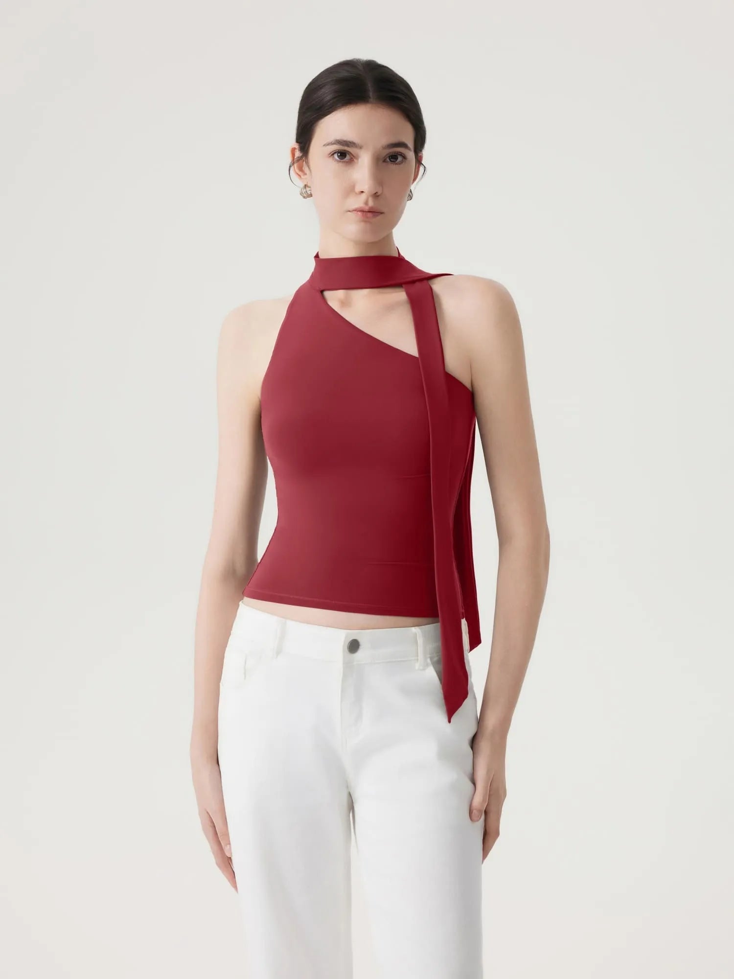 Off Shoulder Halter High Neck Tank Tops with Scarf