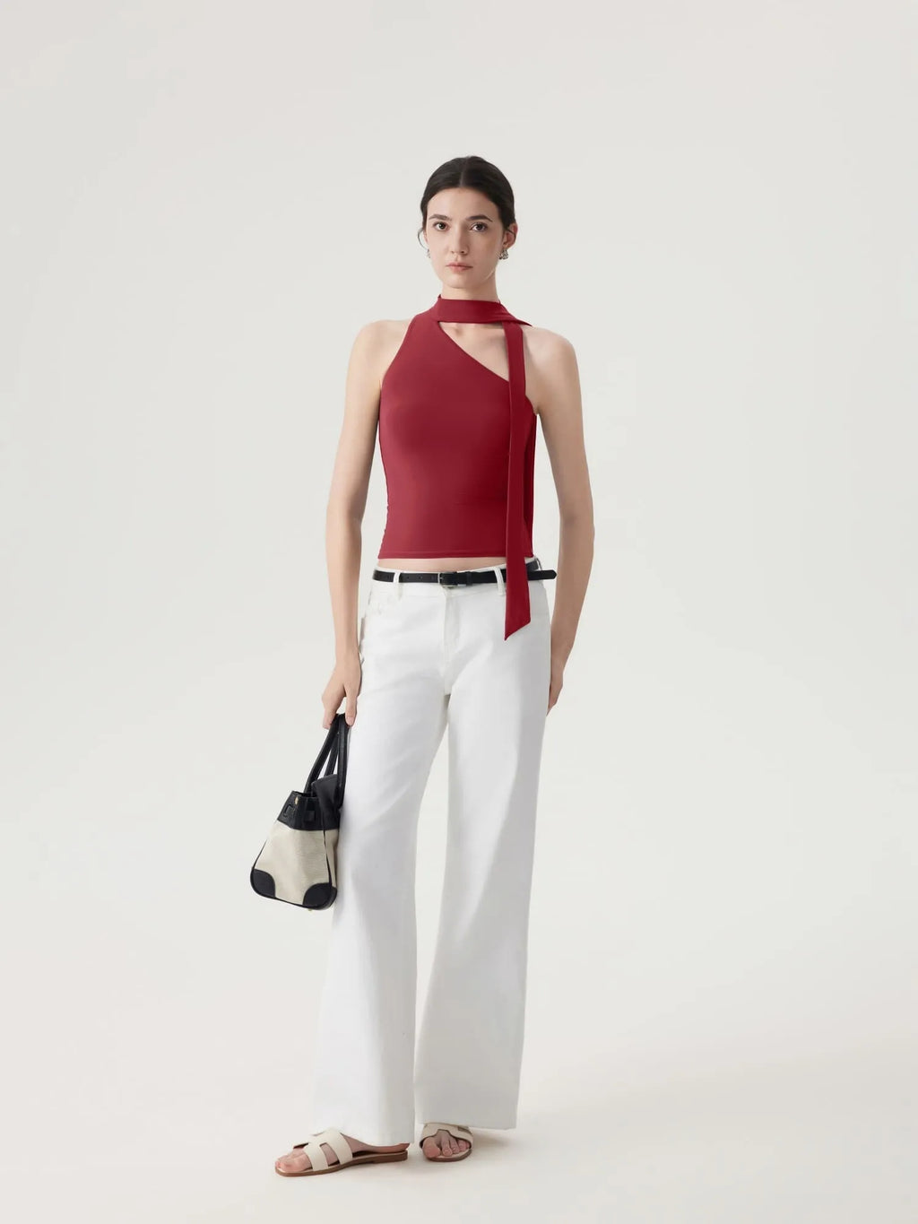 Off Shoulder Halter High Neck Tank Tops with Scarf