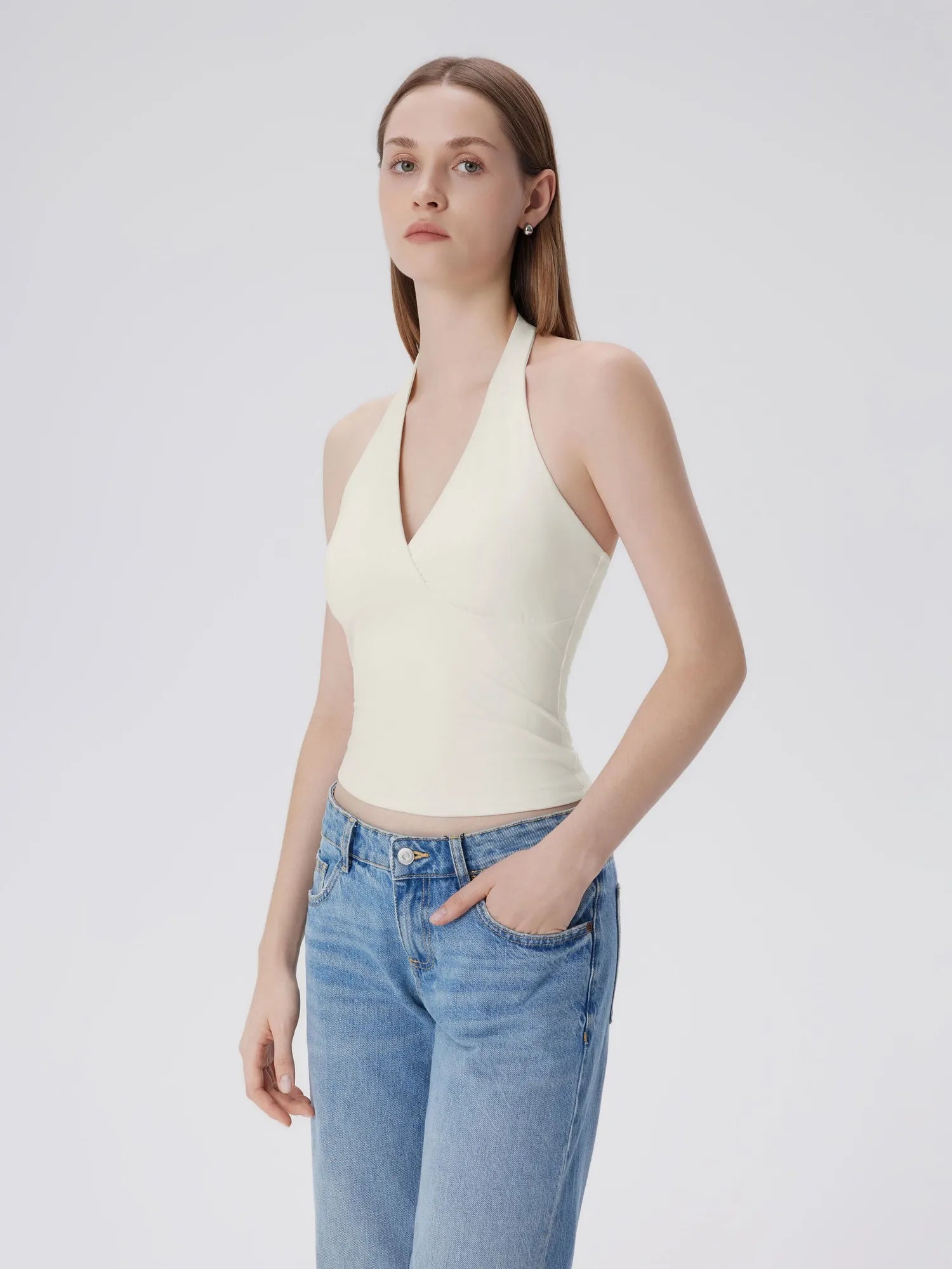 Double Lined V Neck Halter Backless Tank Tops