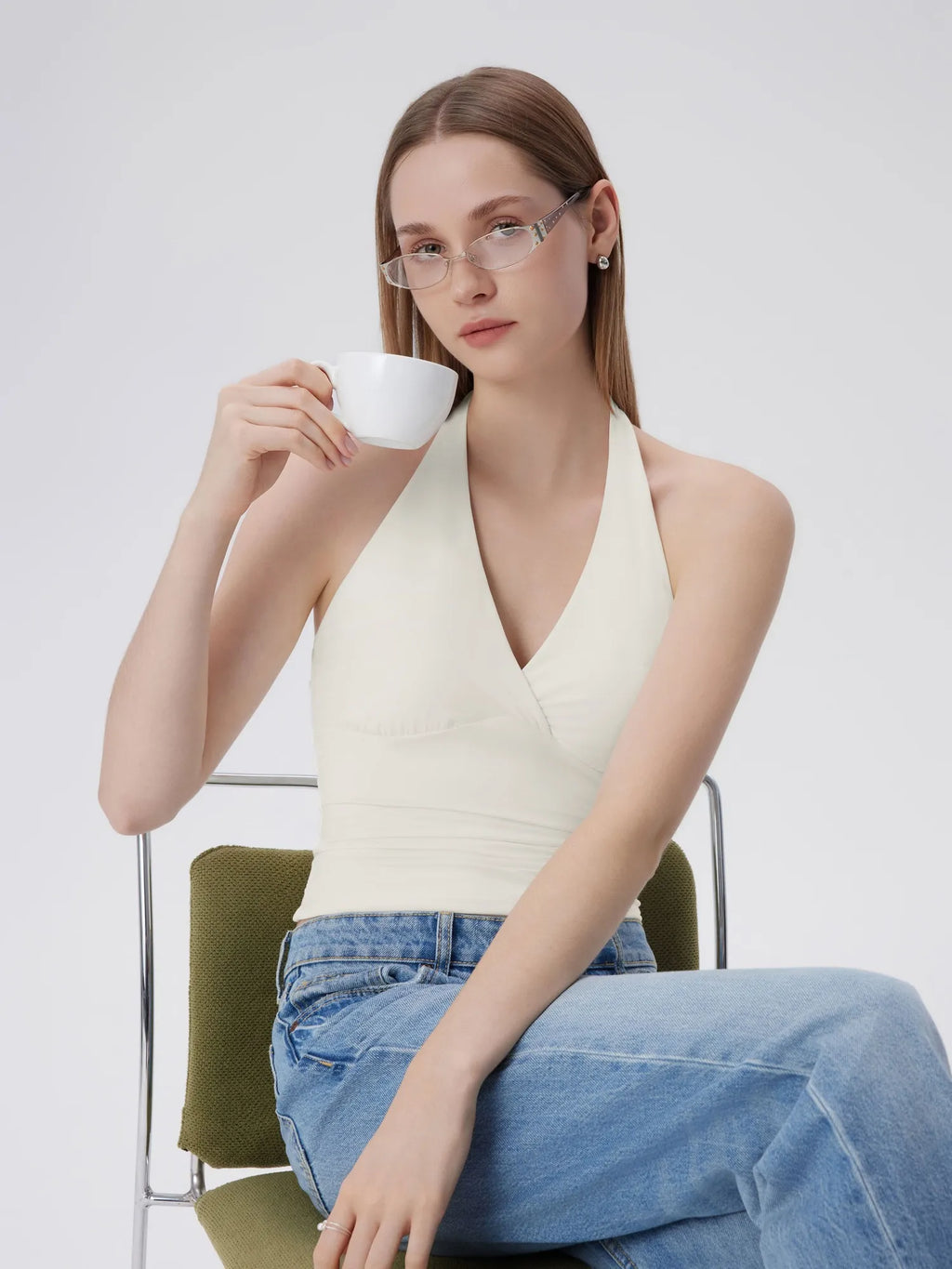 Double Lined V Neck Halter Backless Tank Tops