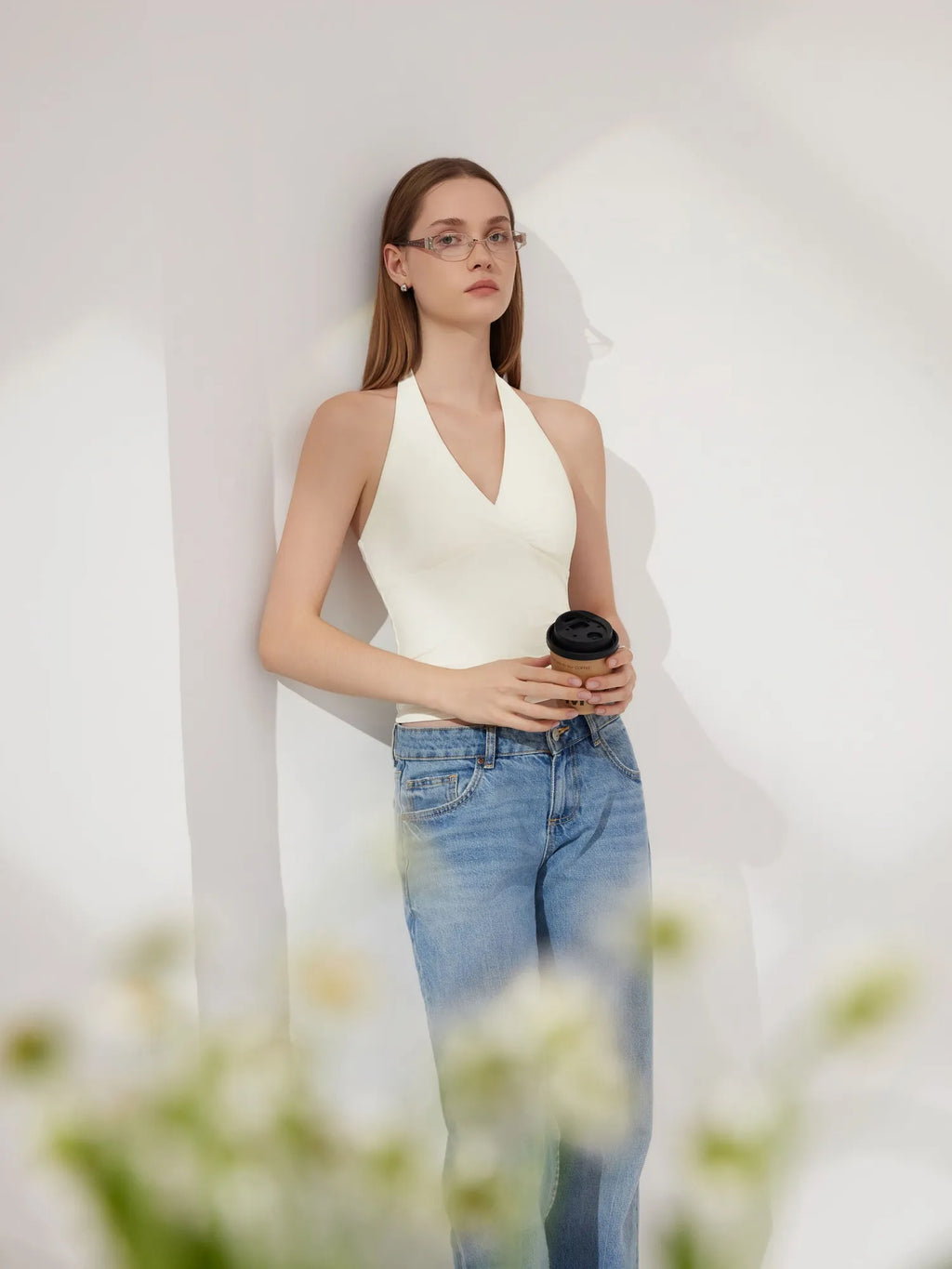 Double Lined V Neck Halter Backless Tank Tops