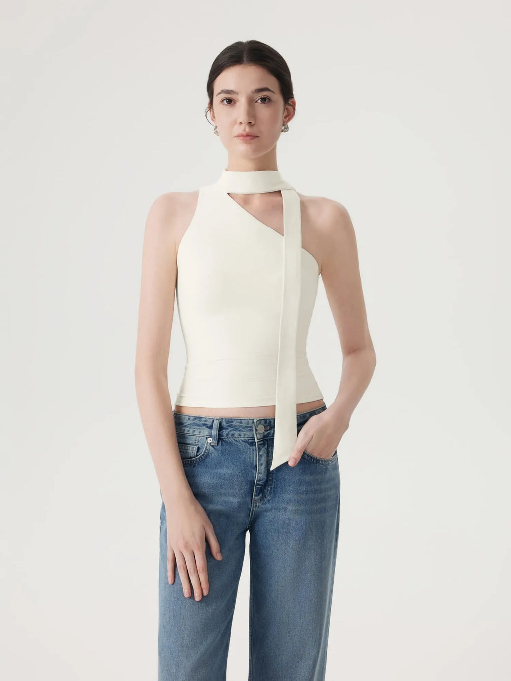 Off Shoulder Halter High Neck Tank Tops with Scarf