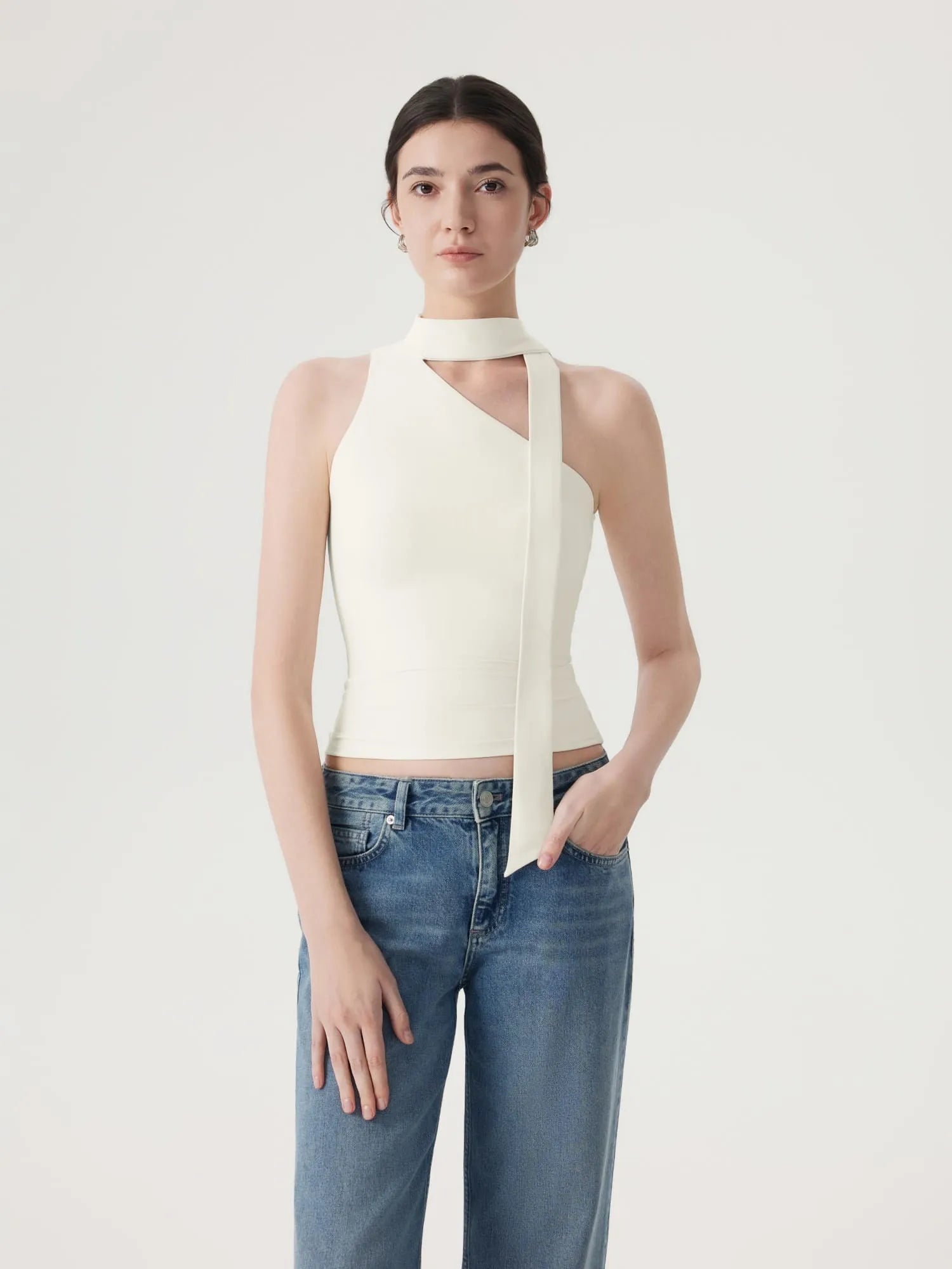 Off Shoulder Halter High Neck Tank Tops with Scarf