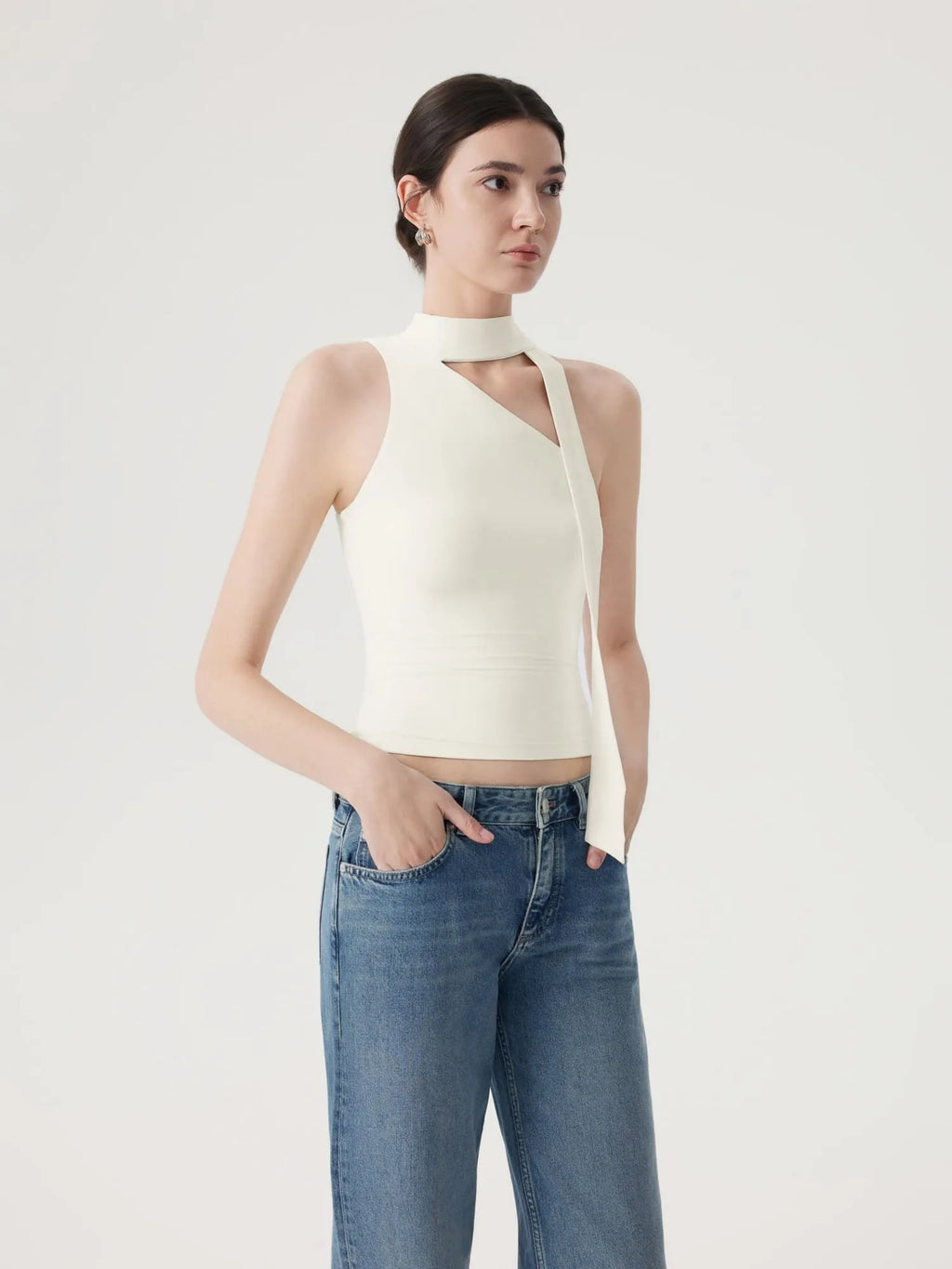 Off Shoulder Halter High Neck Tank Tops with Scarf
