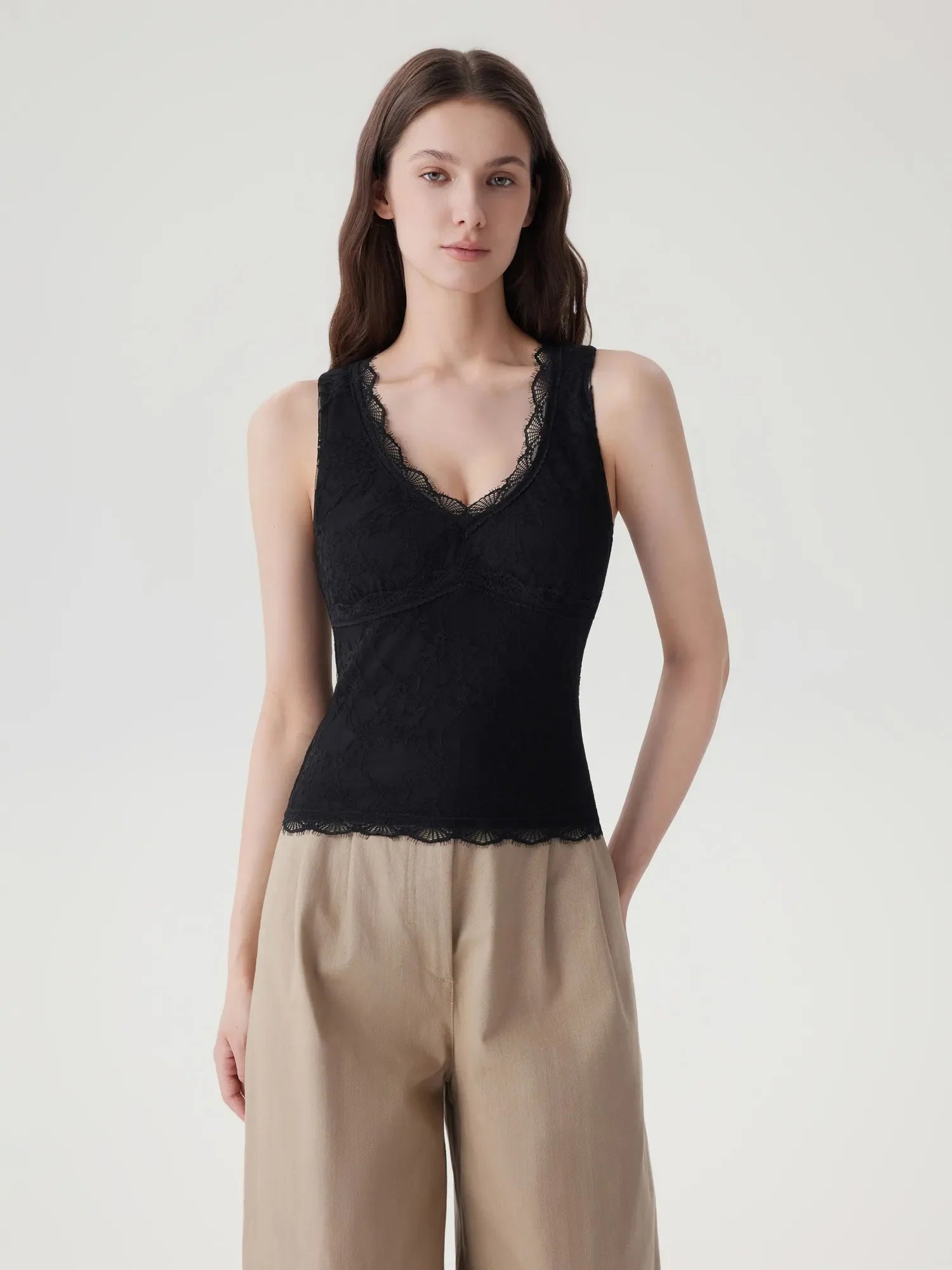 Lace Double Lined V Neck Tank Top