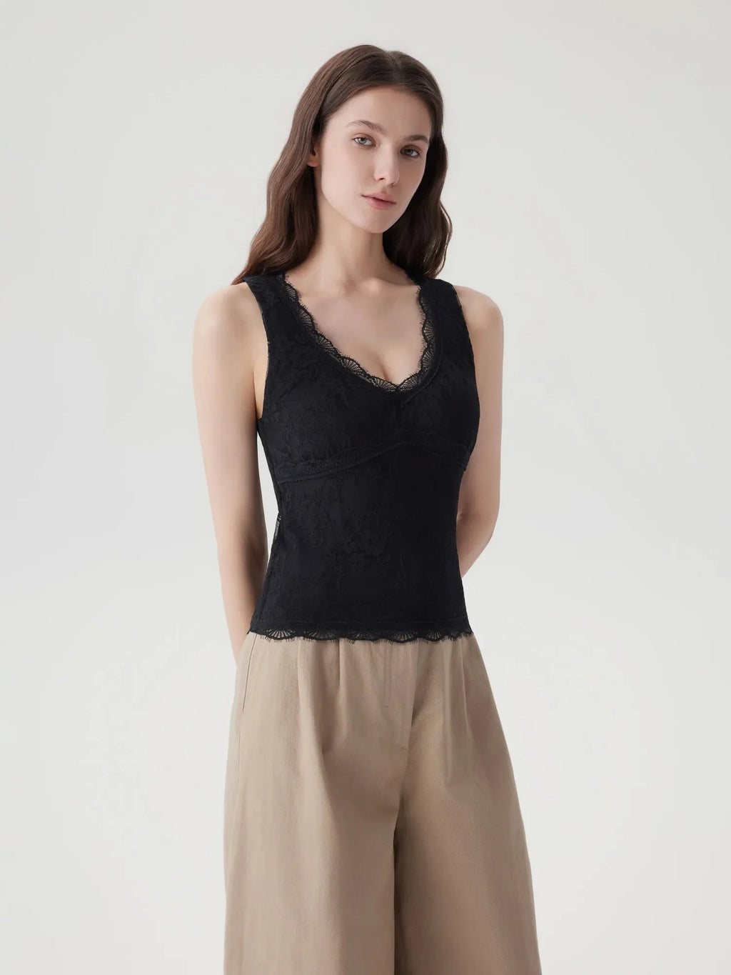 Lace Double Lined V Neck Tank Top