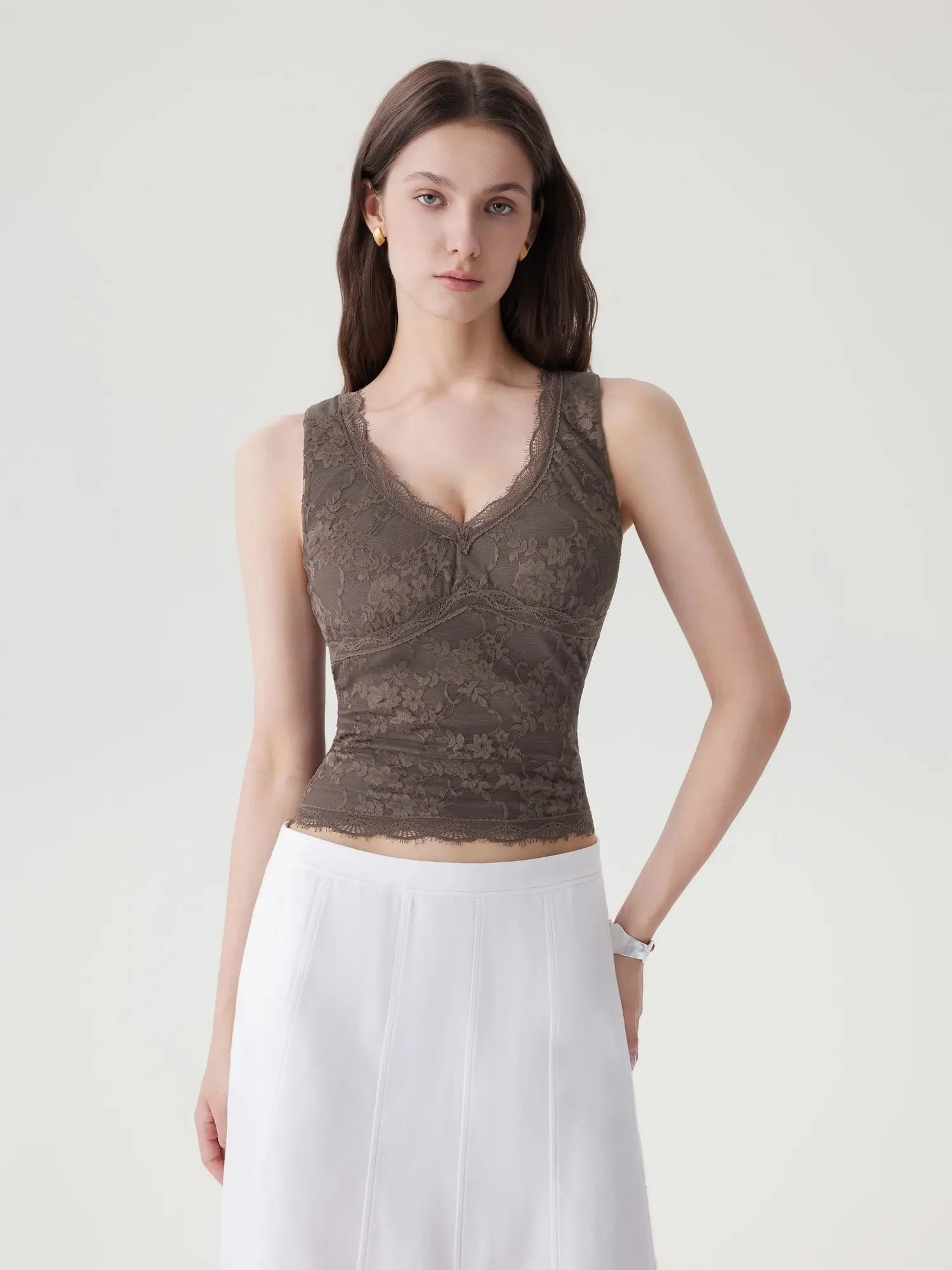 Lace Double Lined V Neck Tank Top