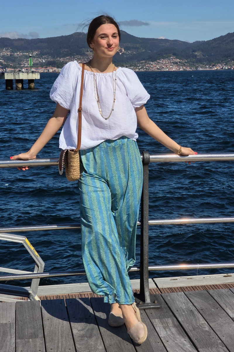 Pantalón Elástico Estampado Hojas Verde