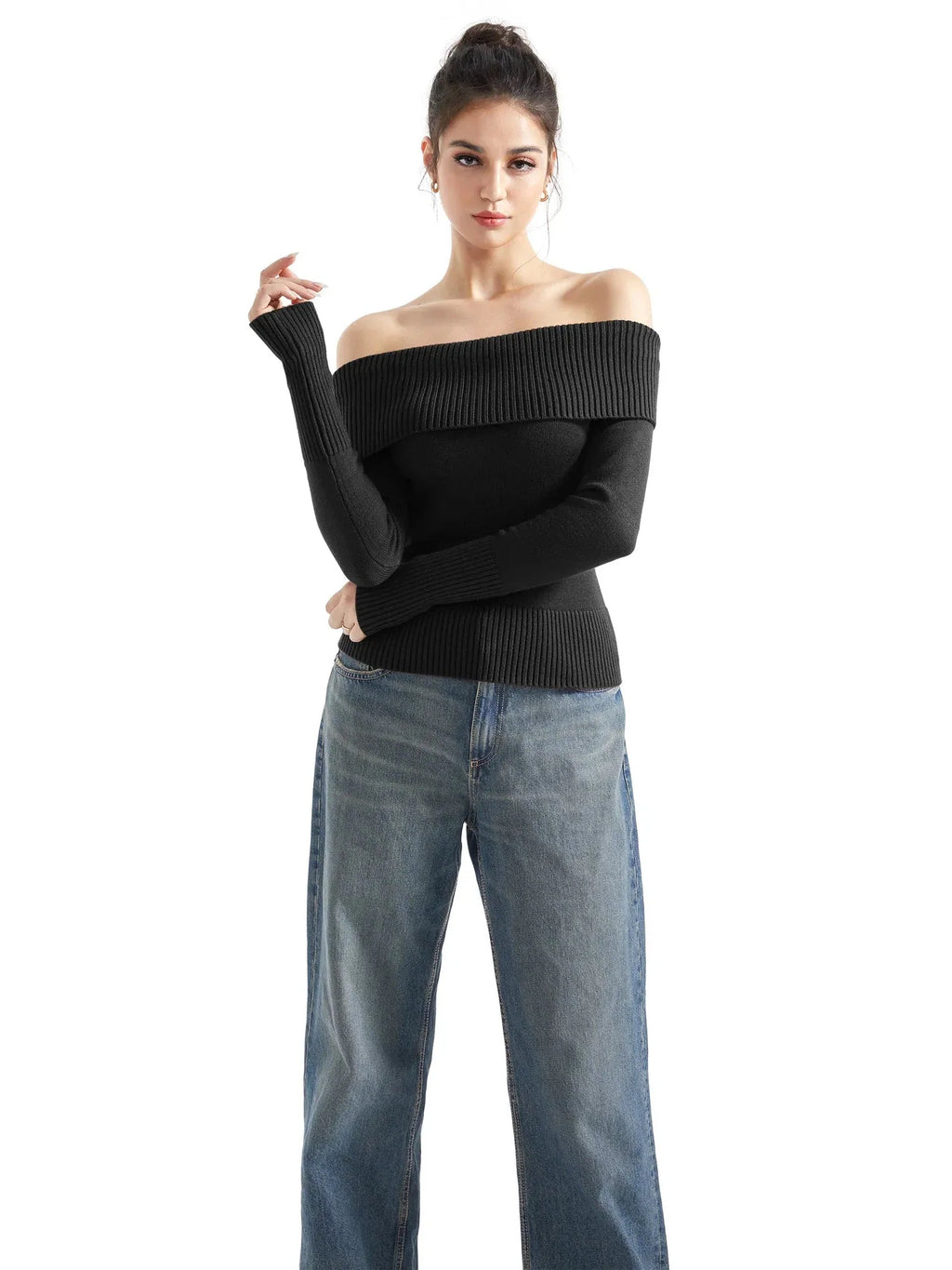 Ribbed Off Shoulder Shirt - Long Sleeve