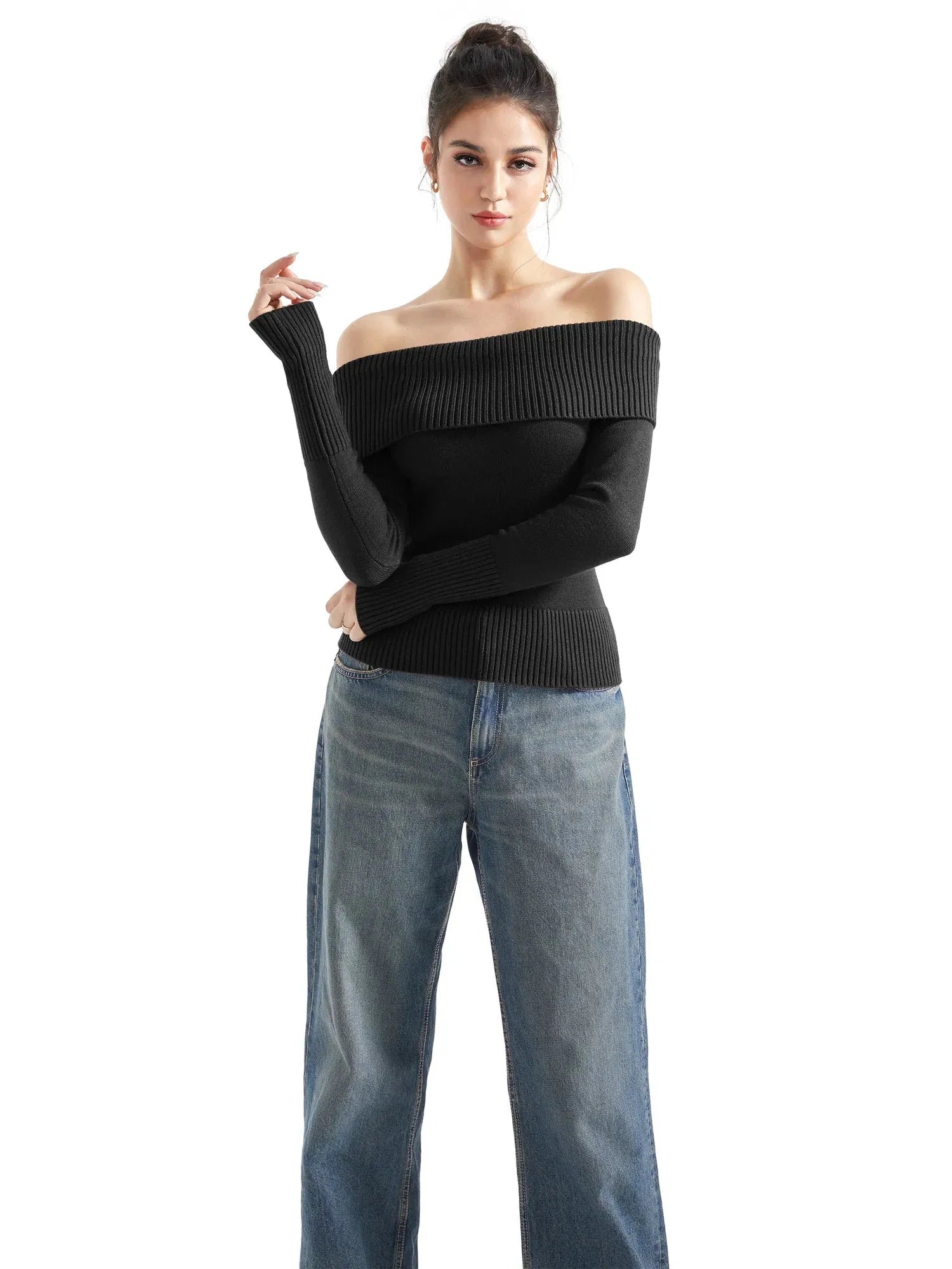 Ribbed Off Shoulder Shirt - Long Sleeve