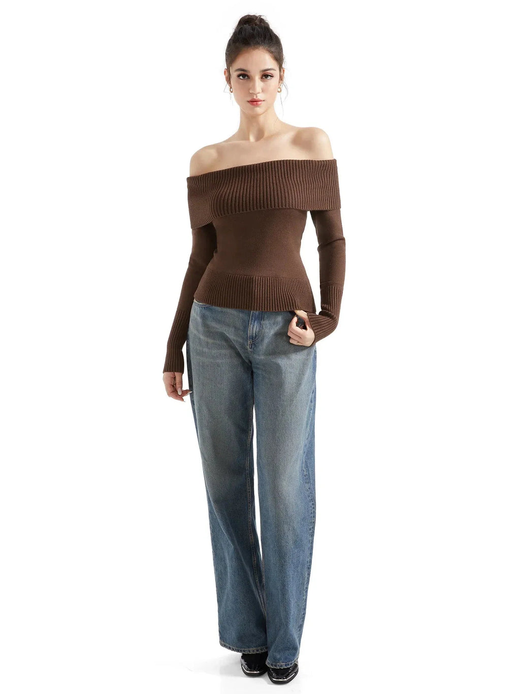 Ribbed Off Shoulder Shirt - Long Sleeve