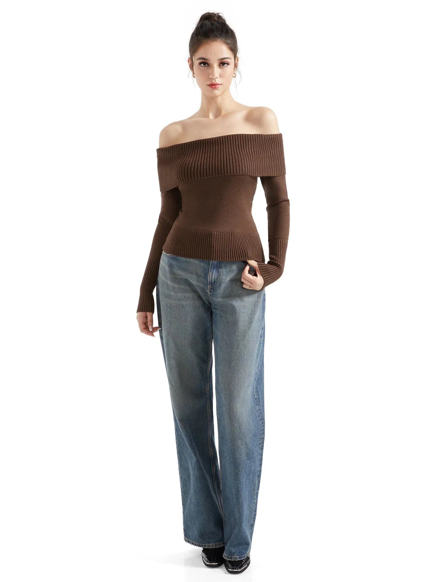 Ribbed Off Shoulder Shirt - Long Sleeve
