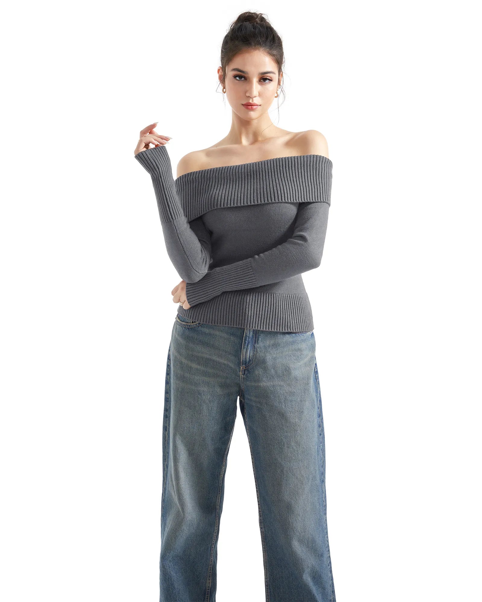 Ribbed Off Shoulder Shirt - Long Sleeve