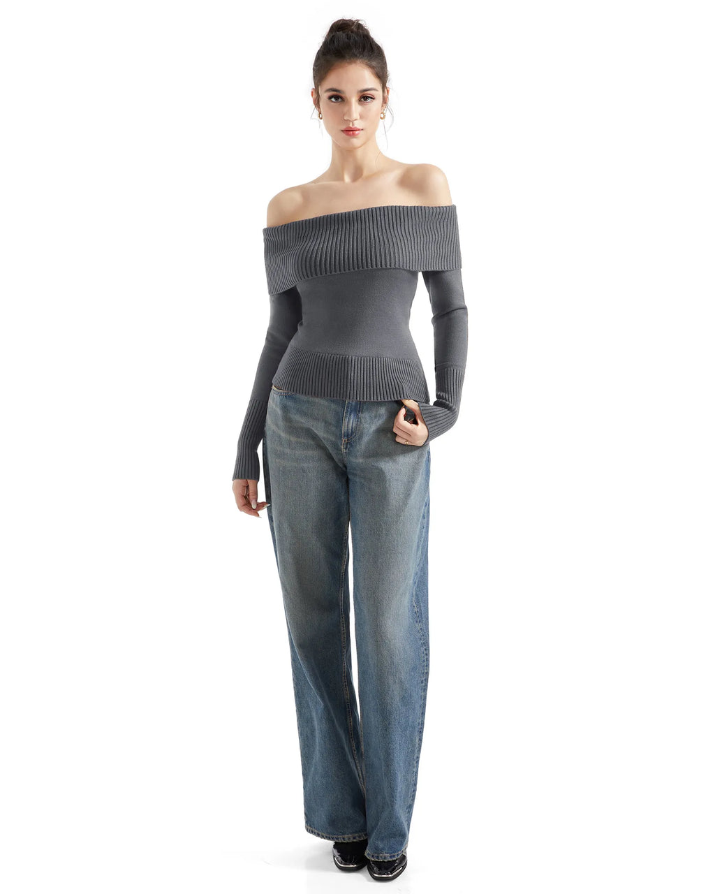 Ribbed Off Shoulder Shirt - Long Sleeve