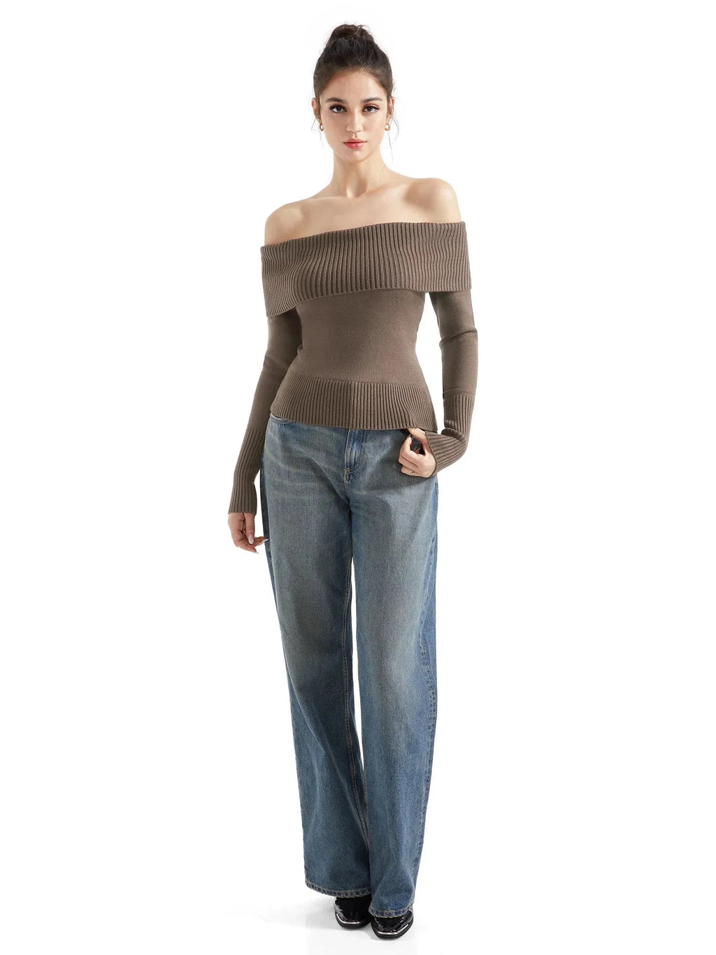 Ribbed Off Shoulder Shirt - Long Sleeve