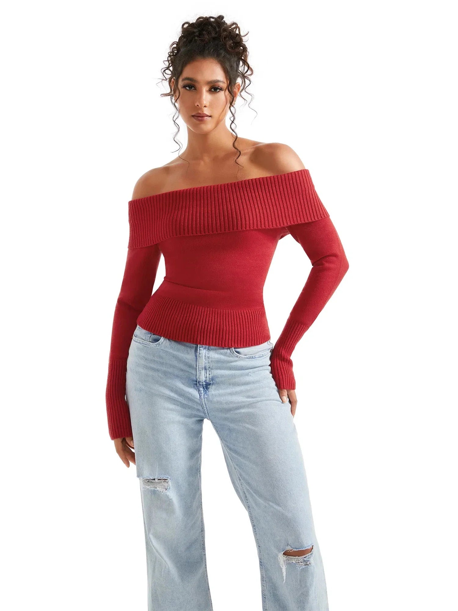 Ribbed Off Shoulder Shirt - Long Sleeve