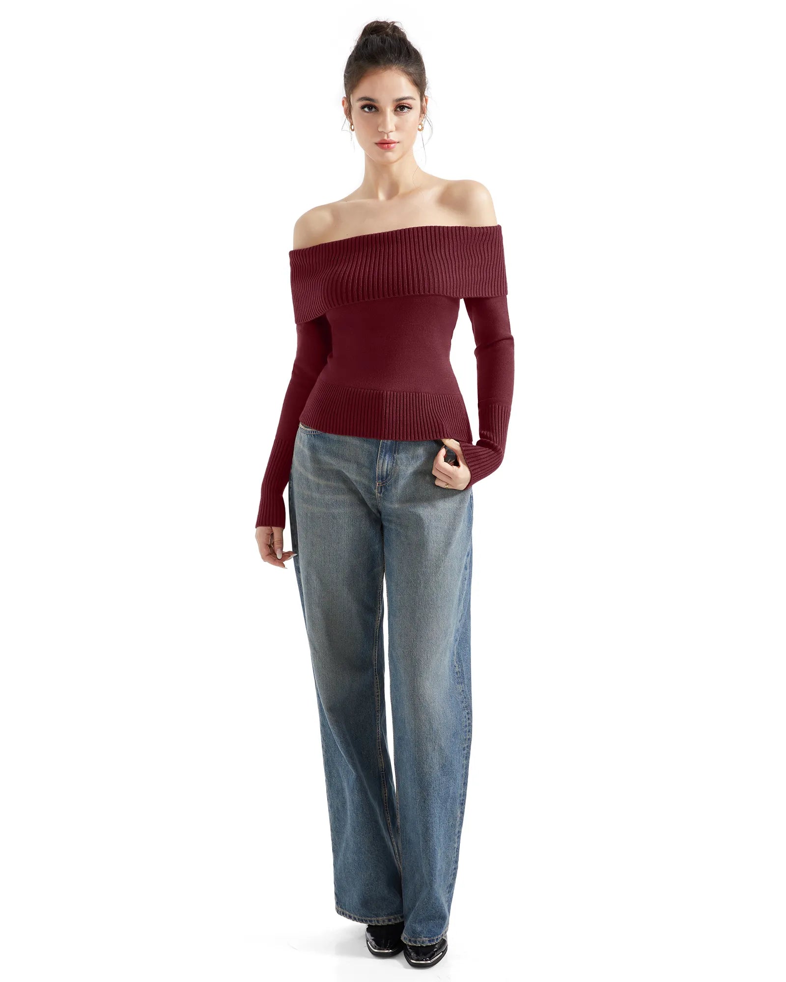 Ribbed Off Shoulder Shirt - Long Sleeve