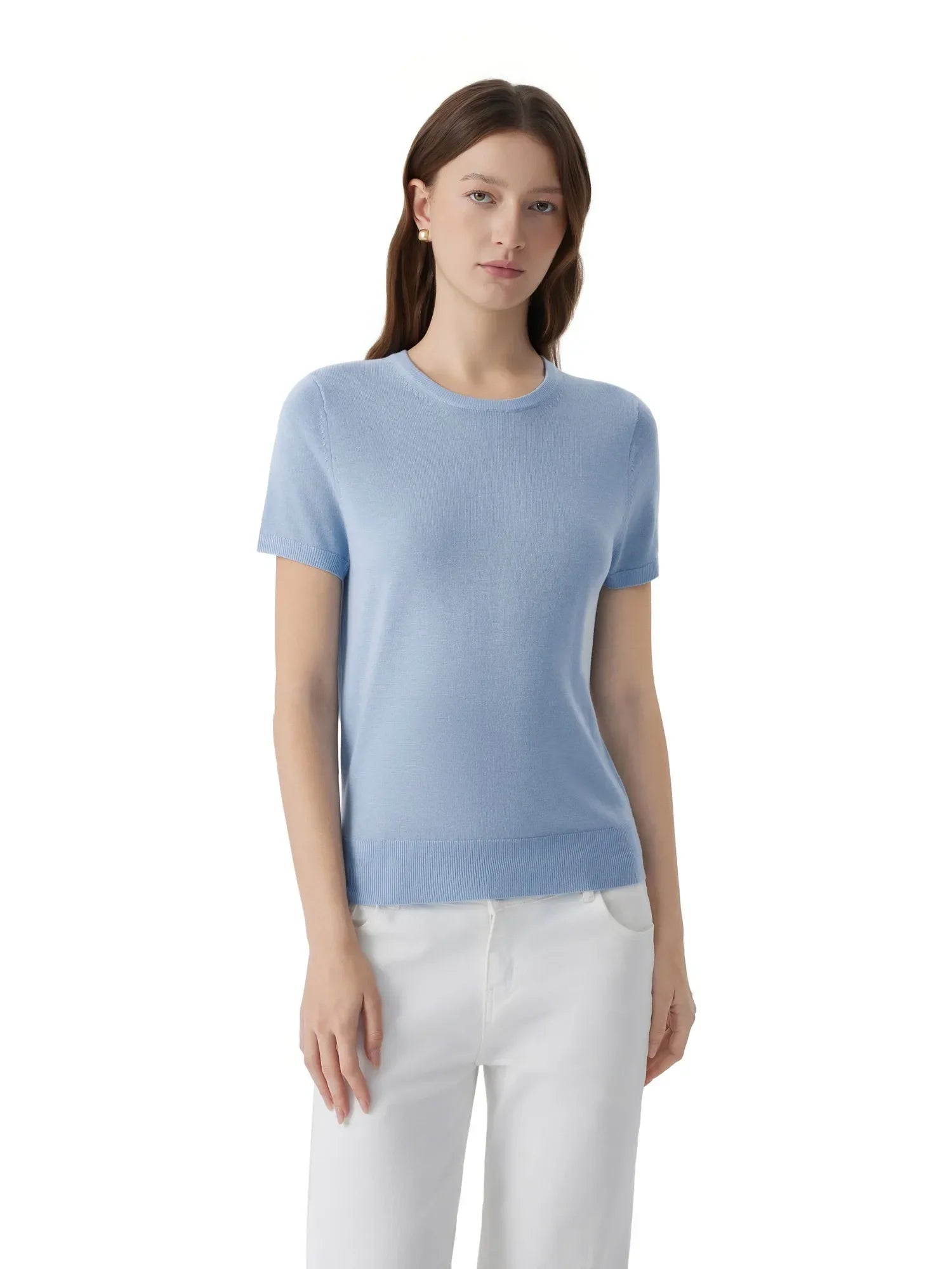 Cashmere Silk Blend Crew Neck Spring Sweater - Short Sleeve