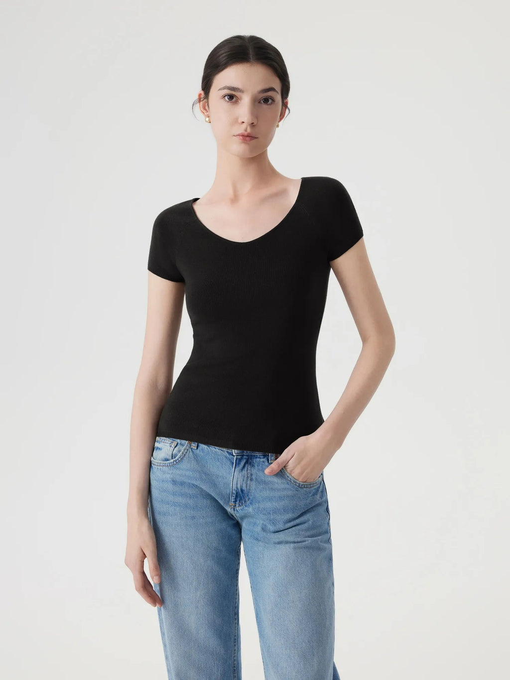 Cashmere Silk Blend V Shirts Sweater - Short Sleeve