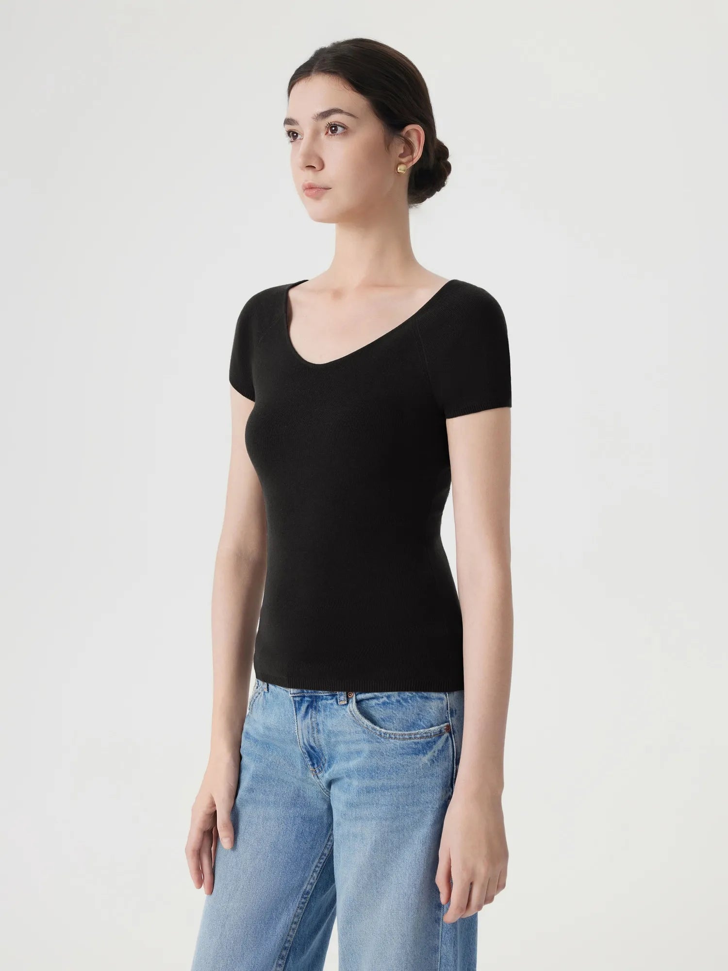 Cashmere Silk Blend V Shirts Sweater - Short Sleeve