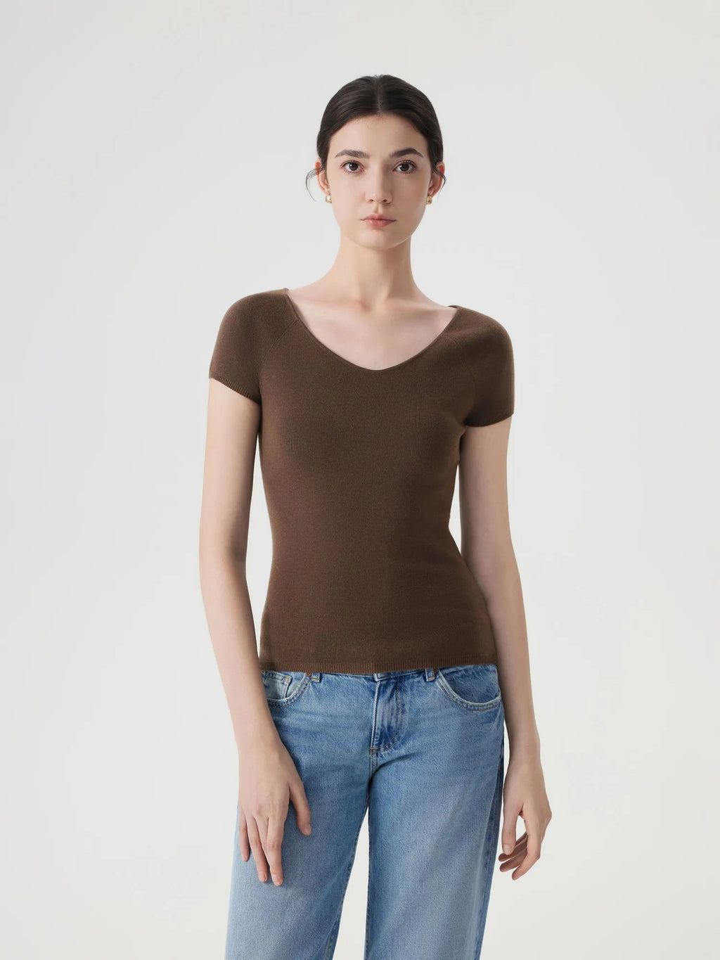 Cashmere Silk Blend V Shirts Sweater - Short Sleeve