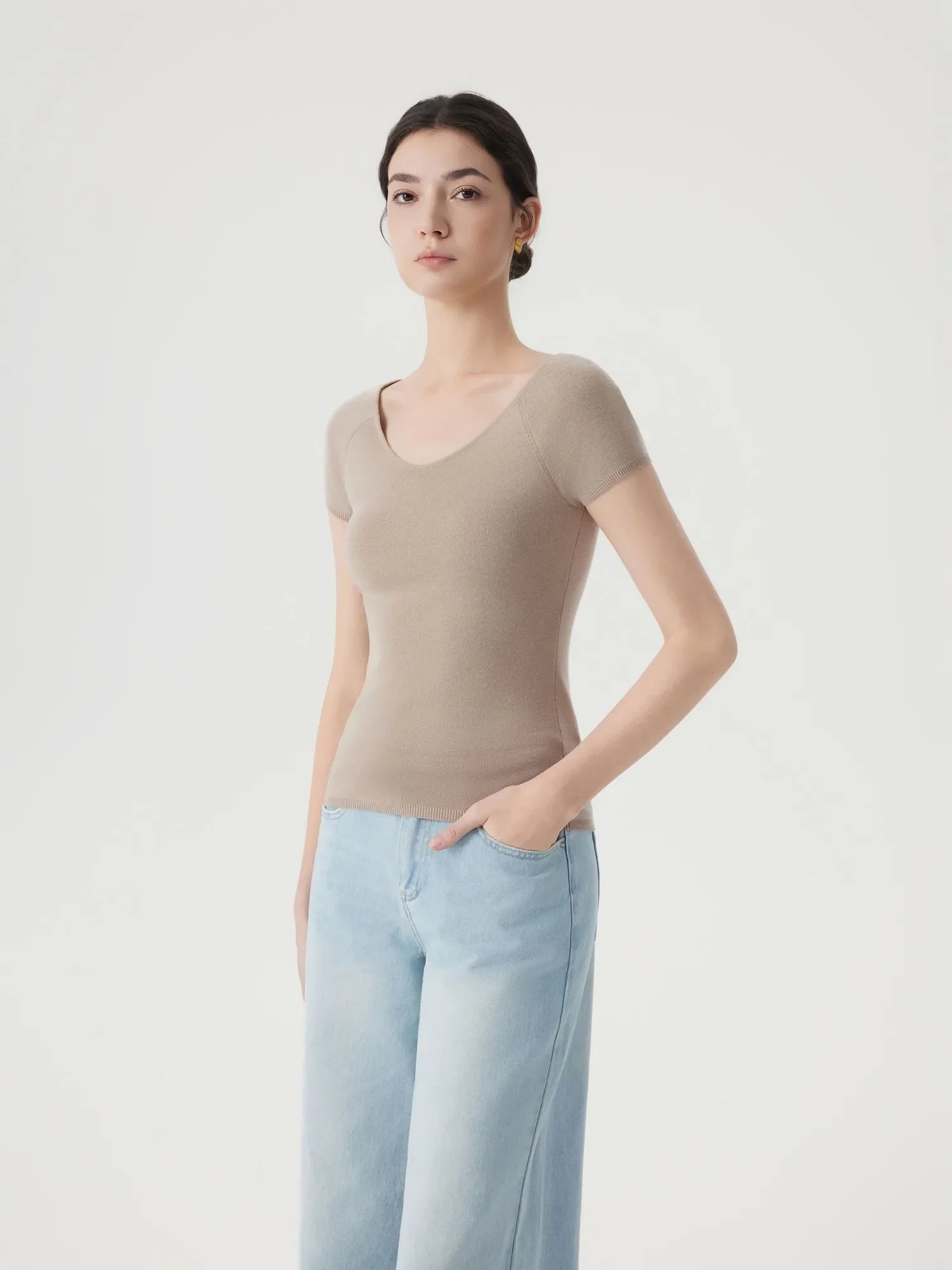 Cashmere Silk Blend V Shirts Sweater - Short Sleeve