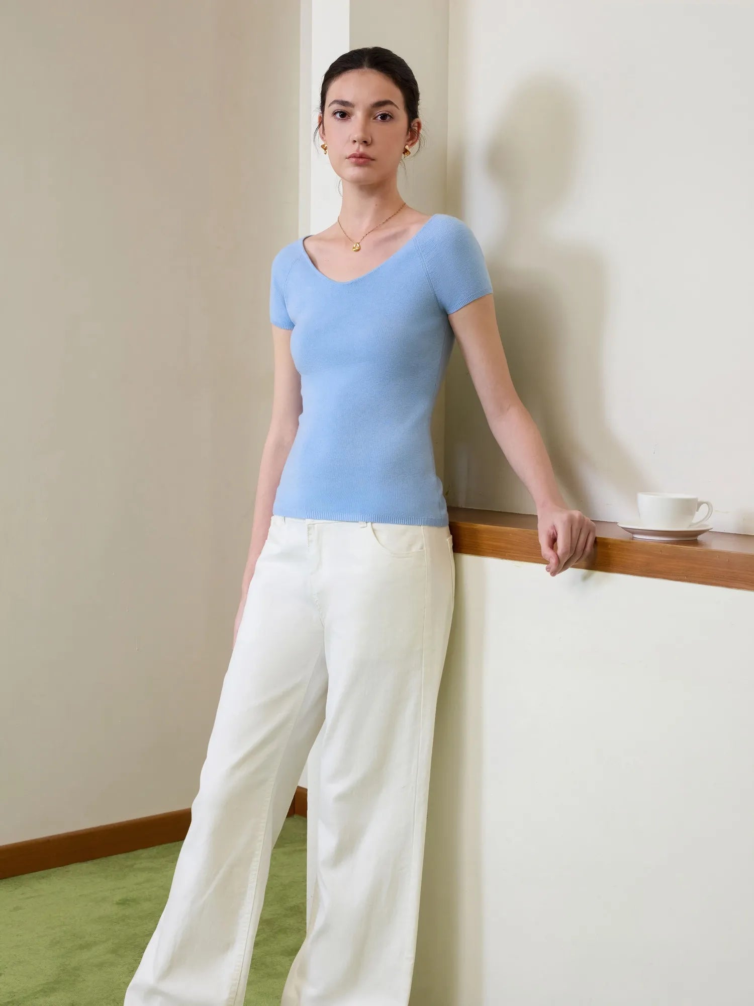 Cashmere Silk Blend V Shirts Sweater - Short Sleeve