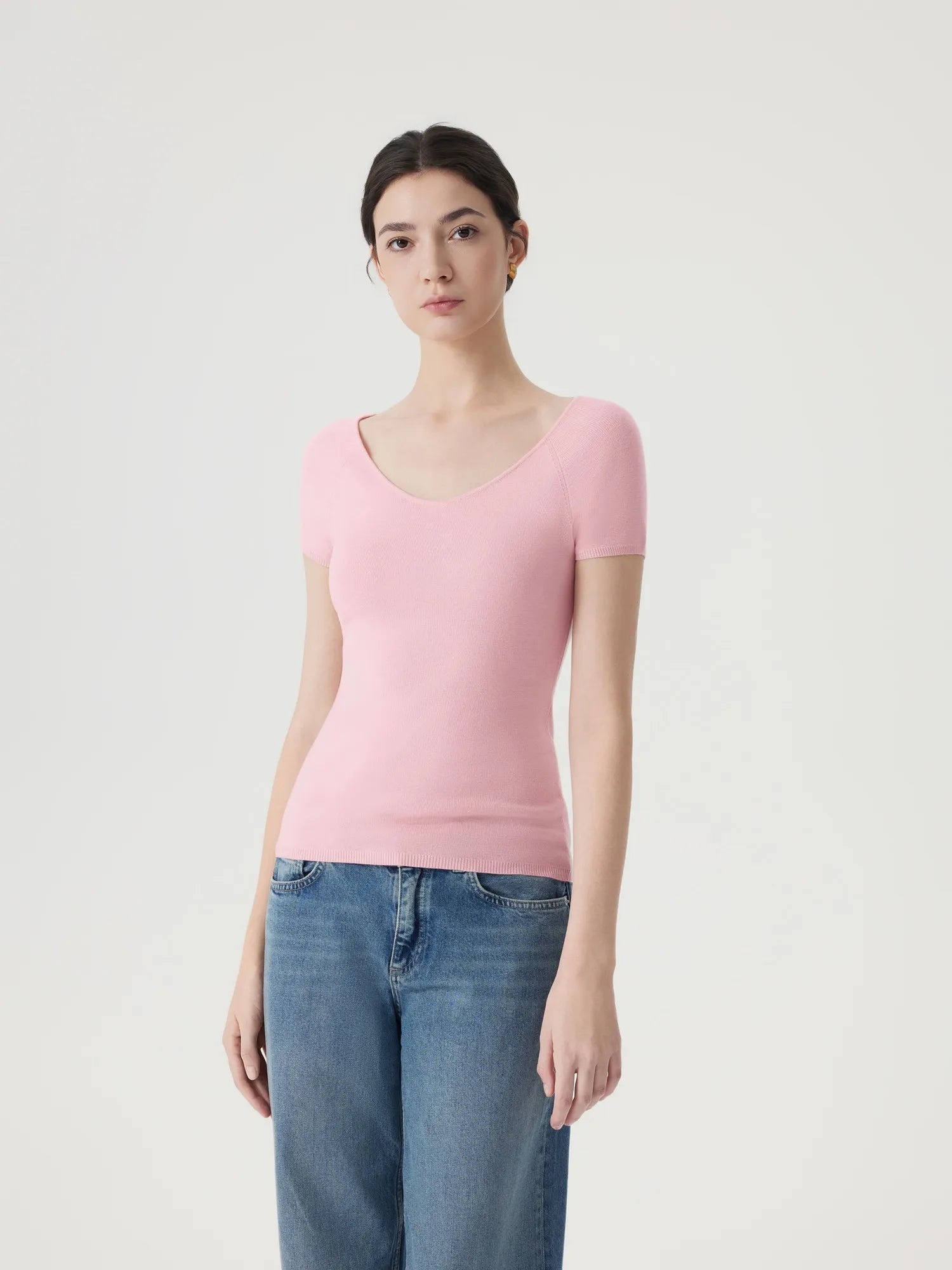 Cashmere Silk Blend V Shirts Sweater - Short Sleeve
