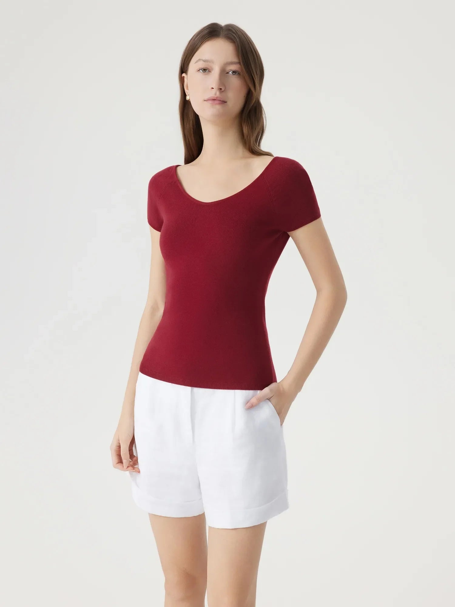 Cashmere Silk Blend V Shirts Sweater - Short Sleeve
