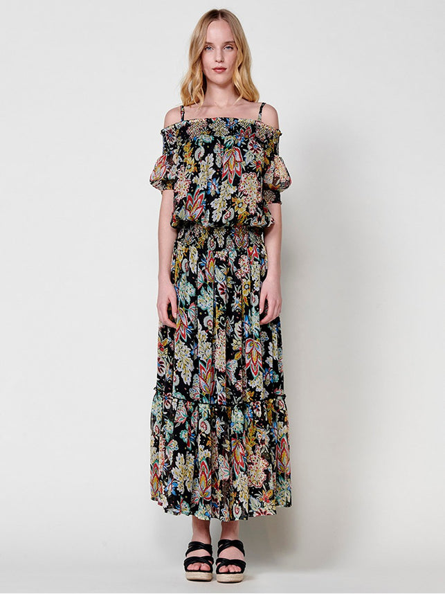 Vestido largo mujer hombros descubiertos con volante estampado floral – Koröshi