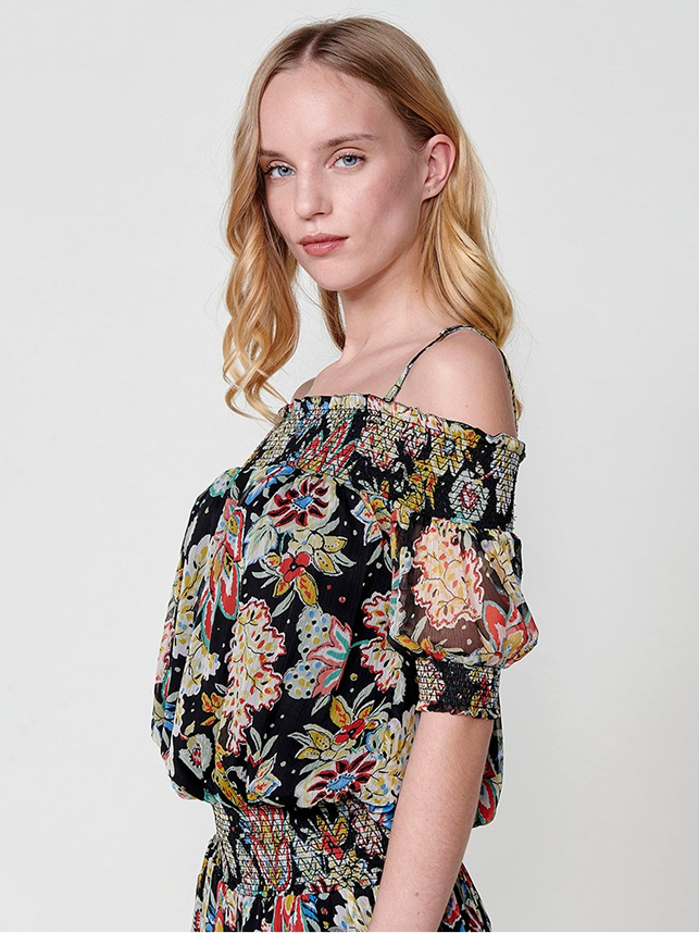 Vestido largo mujer hombros descubiertos con volante estampado floral – Koröshi