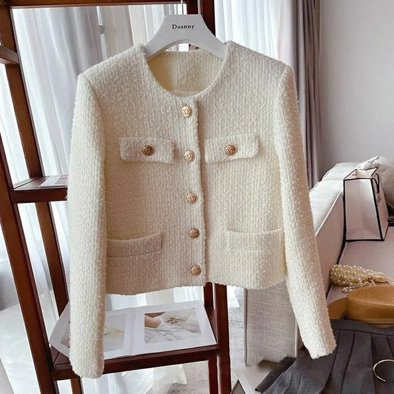 Chaqueta corta mujer tejido bouclé diseño clásico con botones joya - Noelle