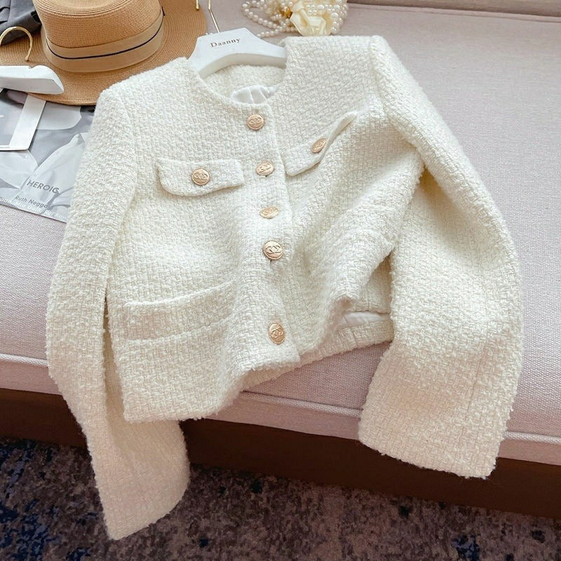 Chaqueta corta mujer tejido bouclé diseño clásico con botones joya - Noelle
