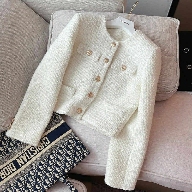 Chaqueta corta mujer tejido bouclé diseño clásico con botones joya - Noelle