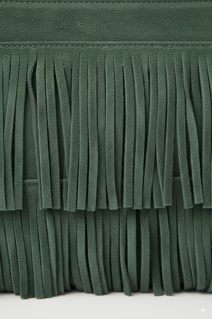 Bolso sobre de ante con flecos verde botella