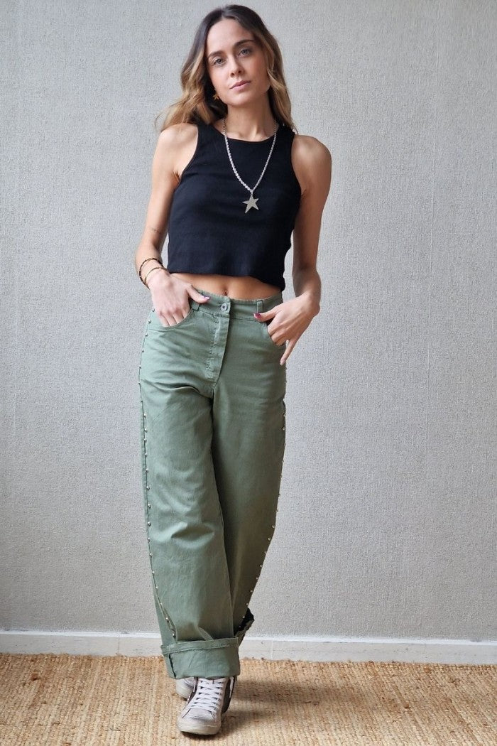 Pantalón Estrella y Tachas Verde Militar