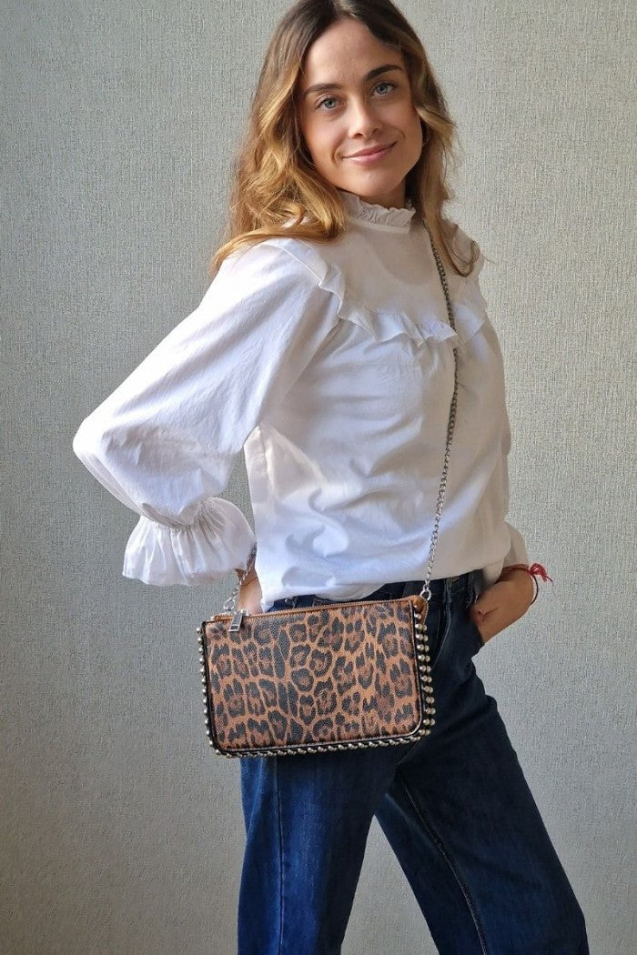 Bolso bandolera tachas animal print marrón