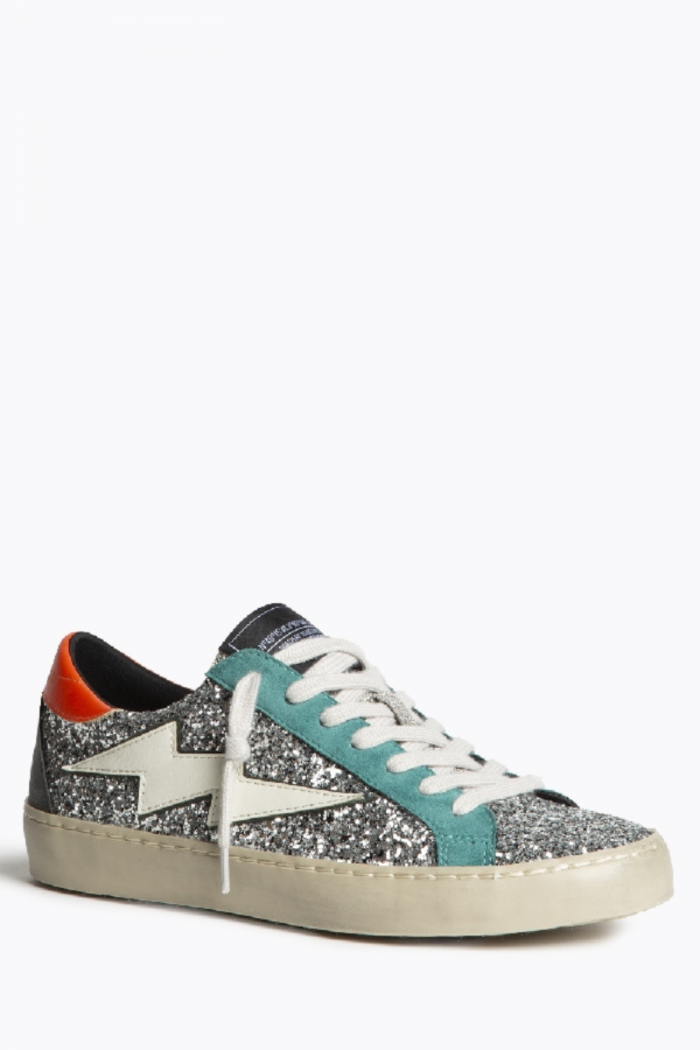 Zapatilla rayo con detalle glitter plata y naranja
