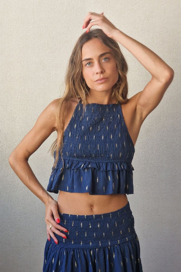 Top de bambula con lurex azul marino