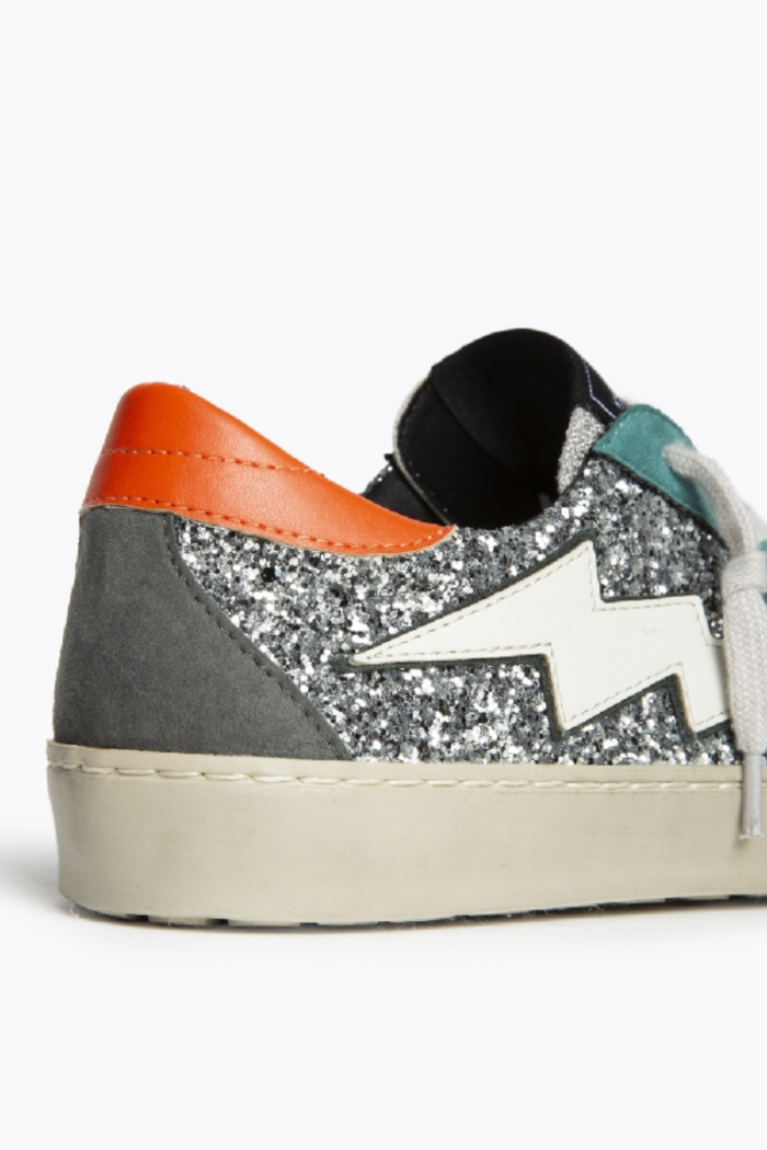 Zapatilla rayo con detalle glitter plata y naranja