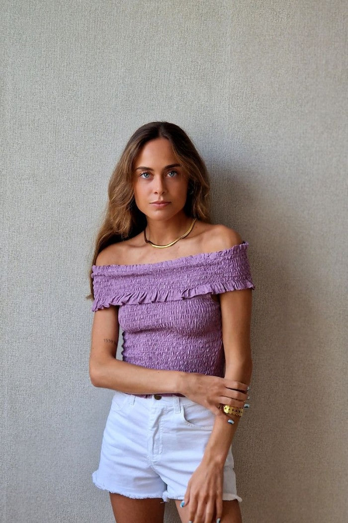 Top nido de abeja y  palabra de honor lurex lila