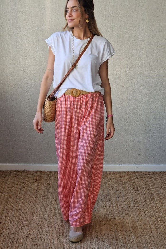 Pantalón vichy con cinturón coral