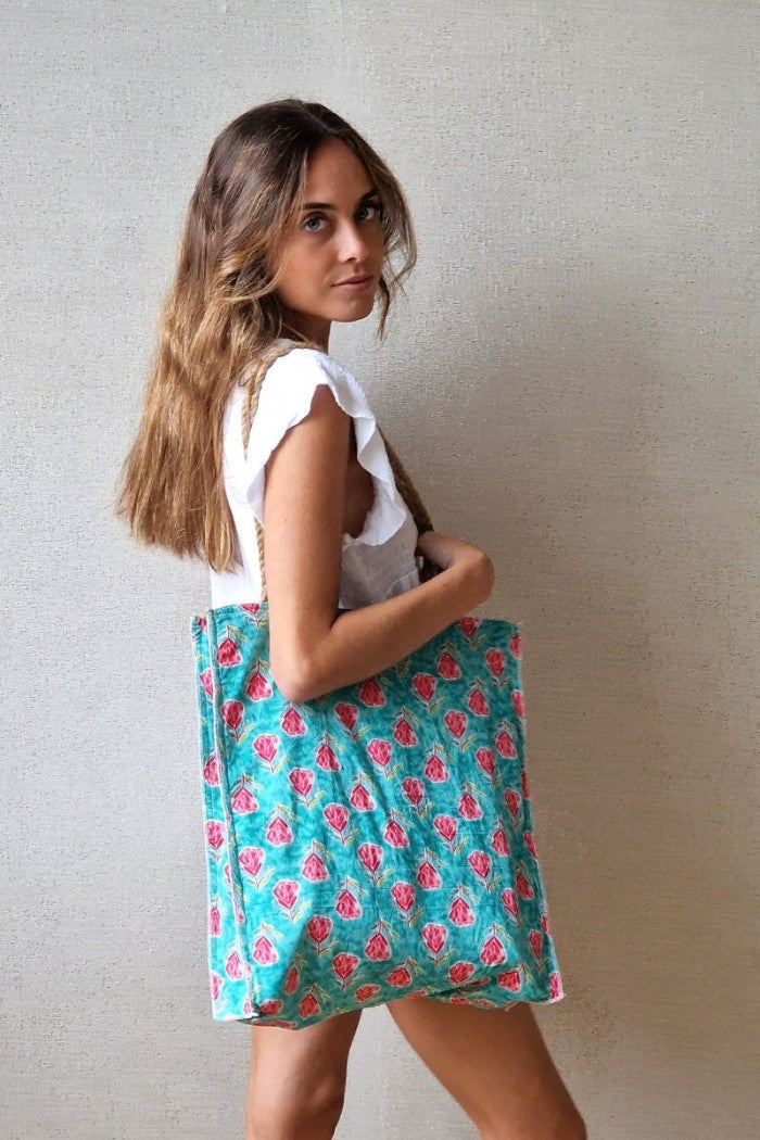Bolso telas indias y yute turquesa