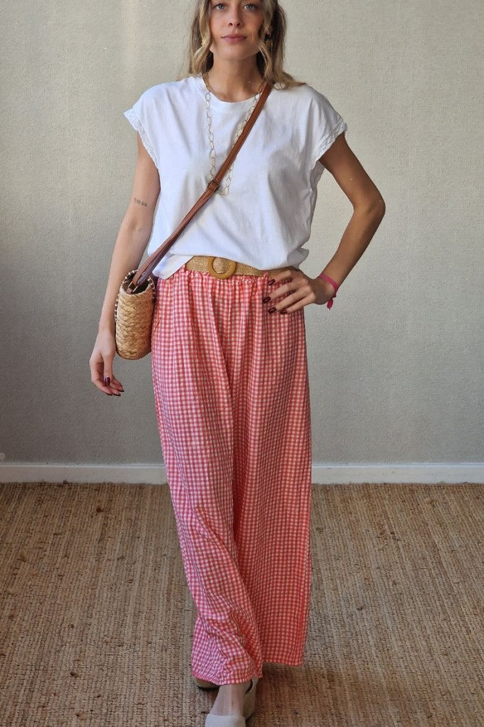 Pantalón vichy con cinturón coral