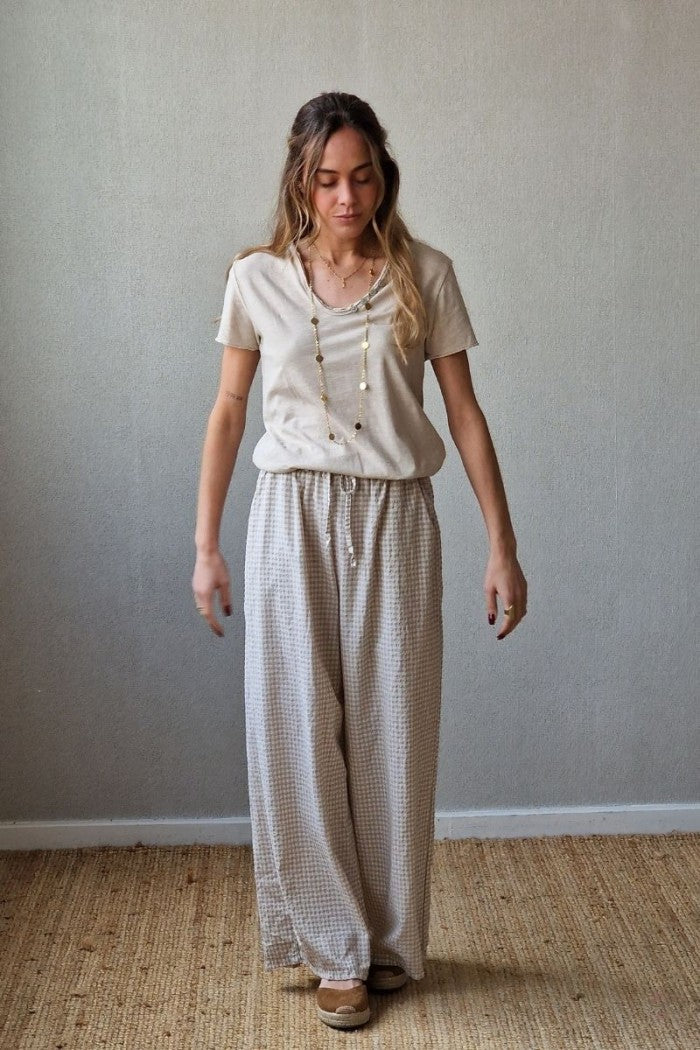Pantalón cuadros vichy beige