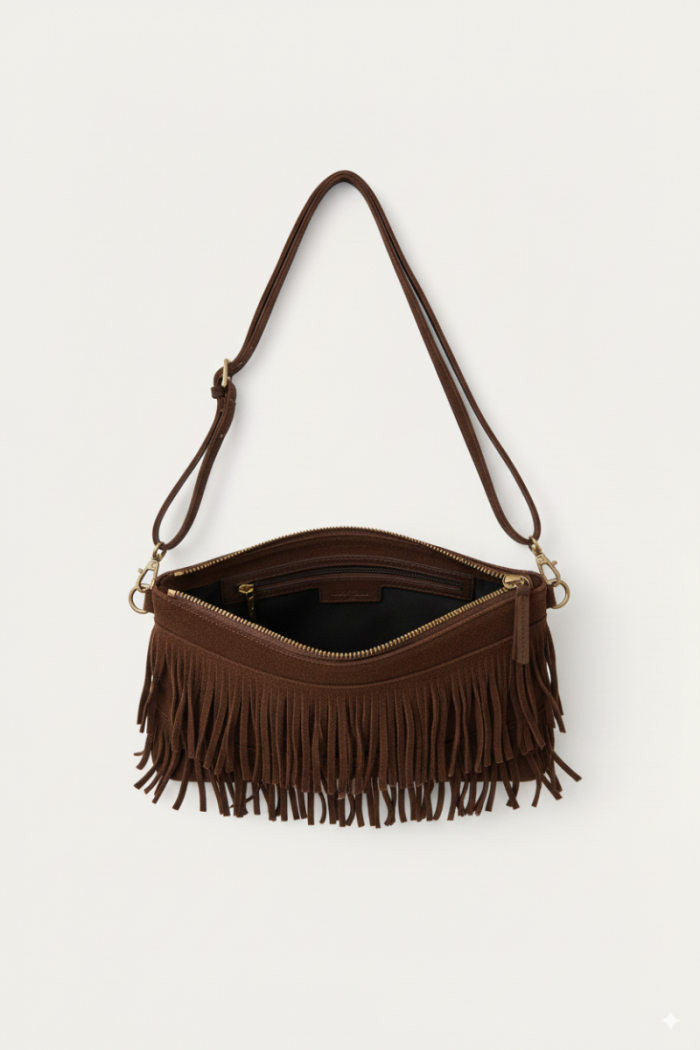 Bolso sobre de ante con flecos marrón