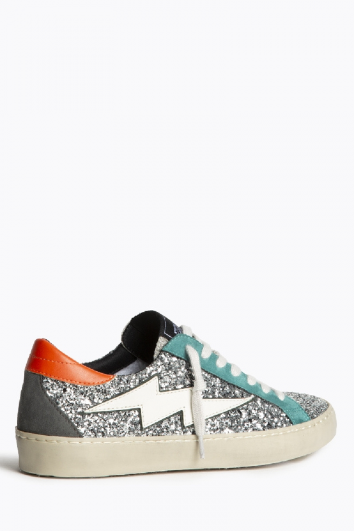 Zapatilla rayo con detalle glitter plata y naranja